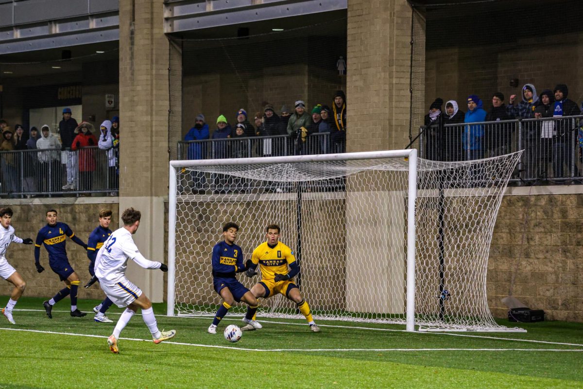 First-year forward Lasse Dahl shoots ball against Kansas City on Sunday Dec. 1.