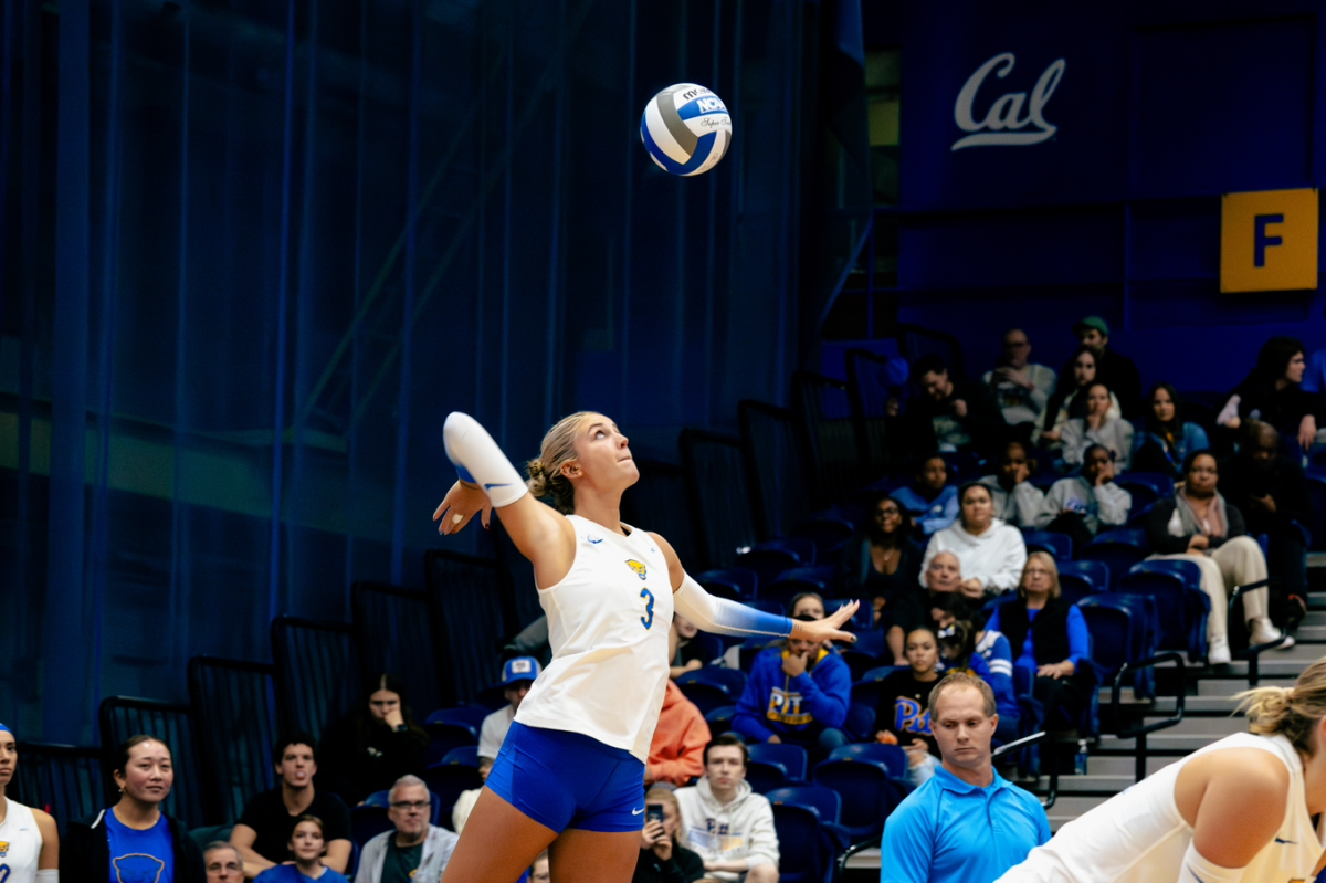 Graduate student outside hitter Cat Flood (3) prepares to strike the ball at the volleyball game against Cal in the Fitzgerald Field House on Friday, Oct. 18.