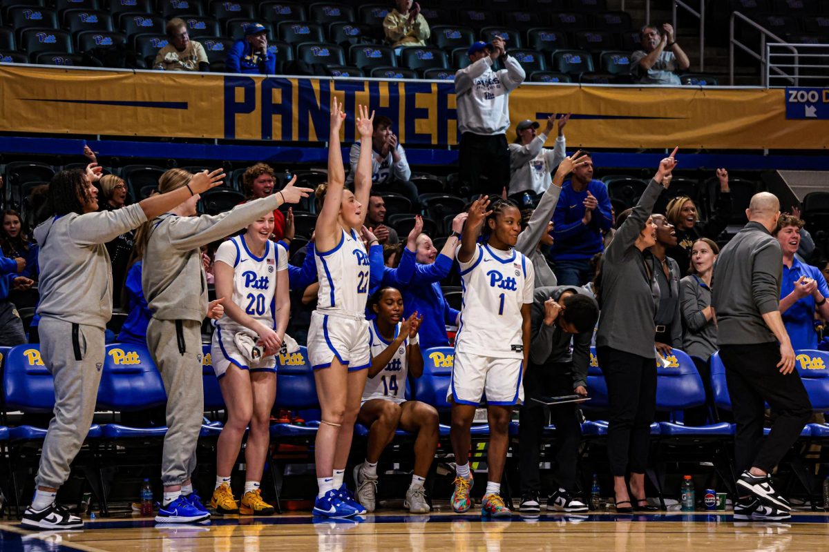 Pitt women’s basketball celebrates a three-point shot during the game against SMU in the Petersen Events Center on Sunday, Jan. 12.
