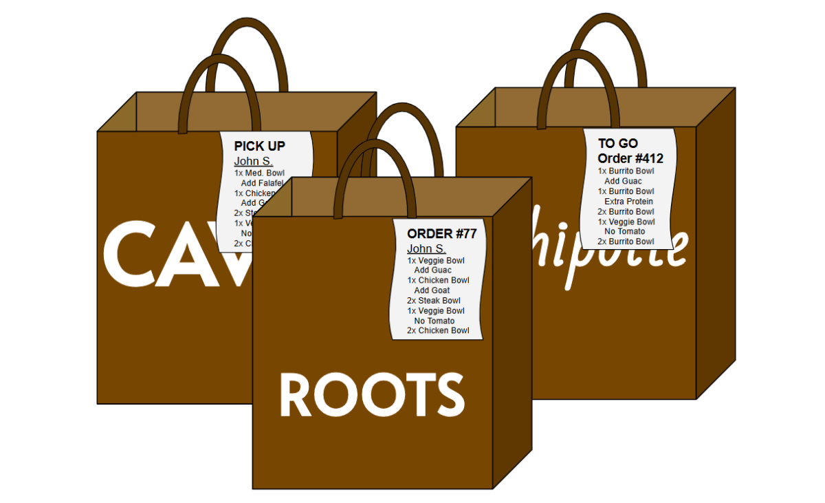Illustration of to-go bags from various Oakland restaurants.