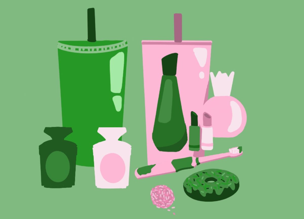 An illustration of green and pink products.
