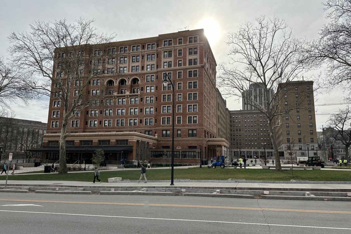 The William Pitt Union and patio on the University of Pittsburgh campus.