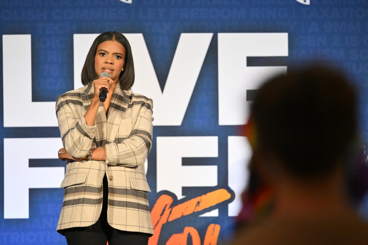 Candace Owens speaks to students and community members at Turning Point USA at Pitt’s “Live Free Tour” speaker event on March 19, 2024 in Alumni Hall.
