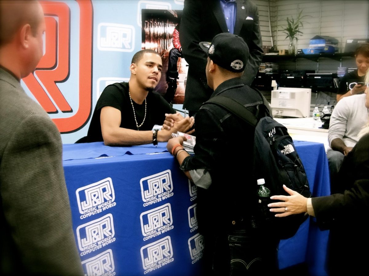 J. Cole signing CDs at J&R Music and Computer World in New York City on Sept. 23, 2010.