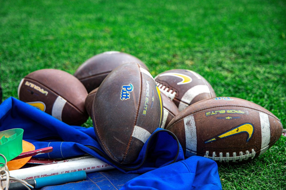 Footballs with the Pitt logo on the field at Acrisure Stadium.