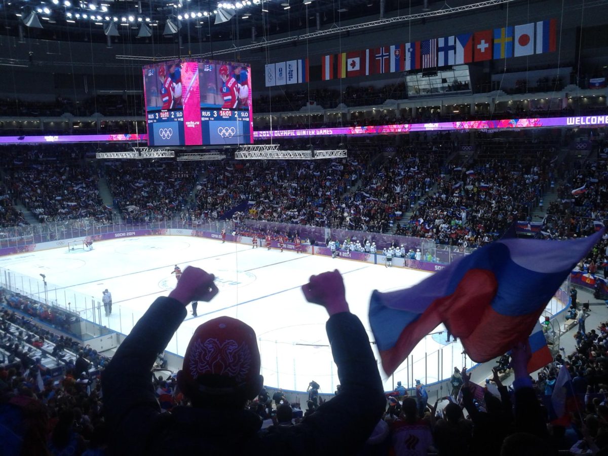 Ice hockey being played during the 2014 Winter Olympic Games.
