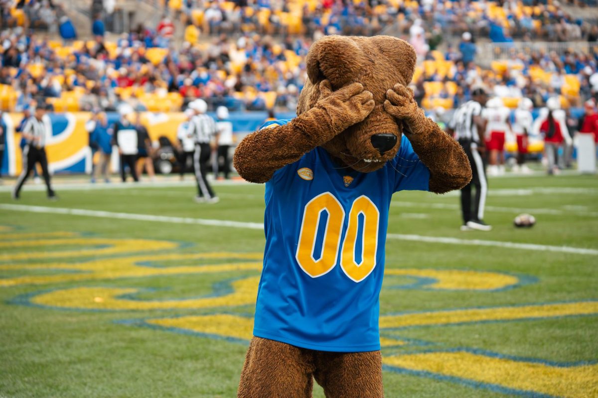 Roc the Panther covers his eyes during the Pitt football game against NC State at Acrisure Stadium on Oct. 25, 2025.
