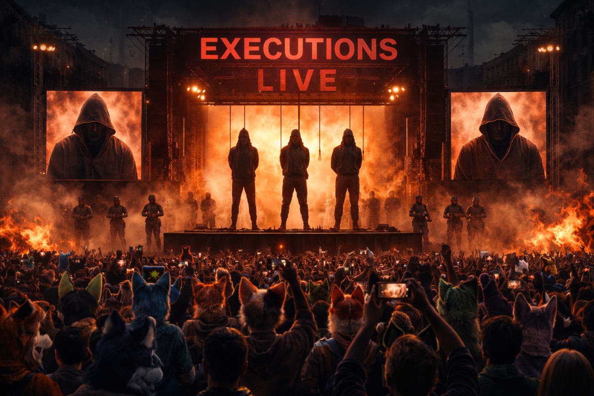 An AI-generated image of a public execution as a concert. 
