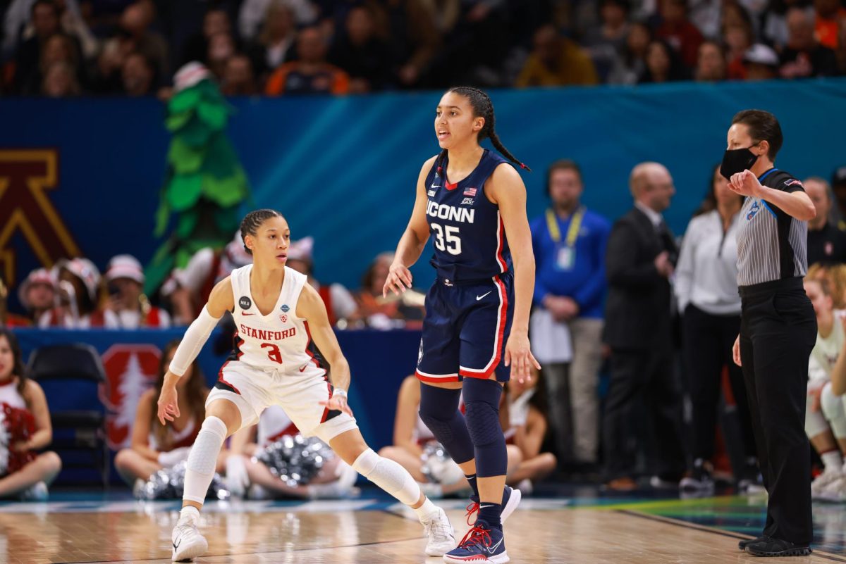 Basketball players Anna Wilson and Azzi Fudd during the 2022 NCAA Final Four.