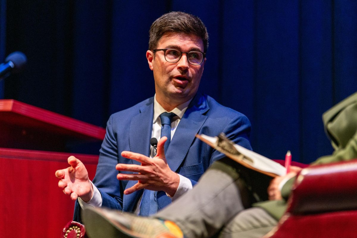 Mayor Corey O’Connor answers questions from moderator Ann Belser at the Mayoral Forum at Chatham University on Sunday, Feb. 2, 2025.