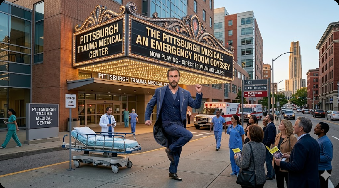 An AI-generated image of Dr. Robby from “The Pitt” dancing below a marquee at Pittsburgh Trauma Medical Center.