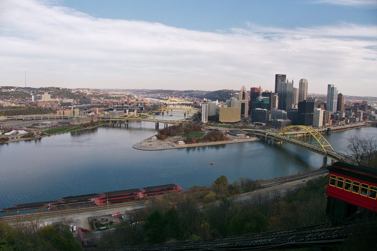 Downtown Pittsburgh and the intersection of the rivers from the top of the Duquesne Incline.
