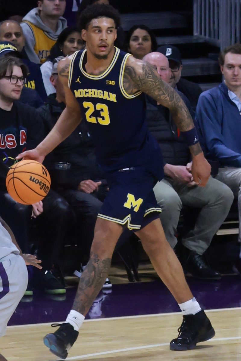 Yaxel Lendeborg dribbles the ball at the Michigan v. Northwestern game on Feb. 11, 2026.
