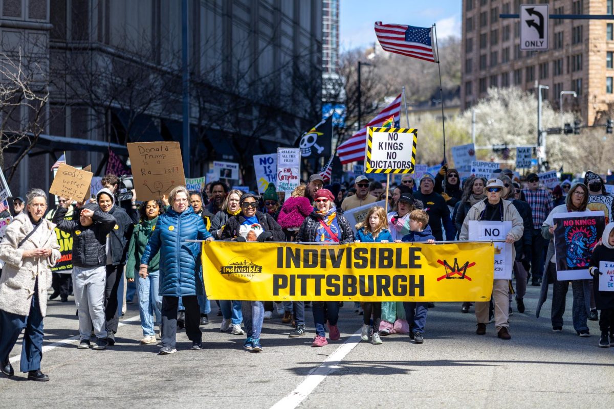 Protesters gather in Downtown Pittsburgh for the “No Kings” movement on March 28. 