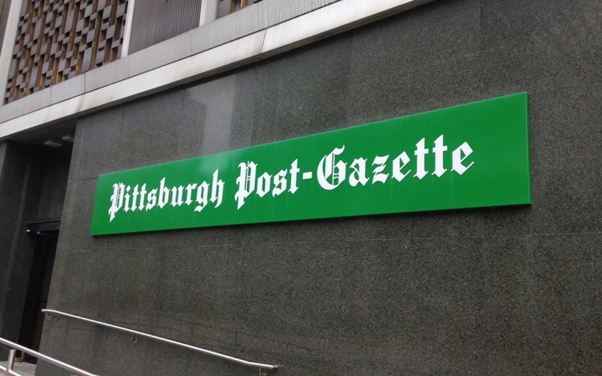 The facade of the Pittsburgh Post Gazette building.