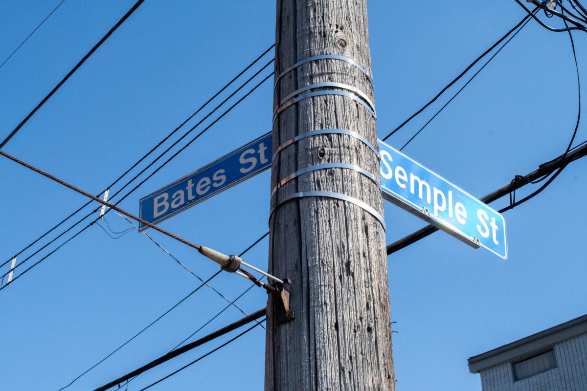 Street signs at the intersection of Bates Street and Semple Street.
