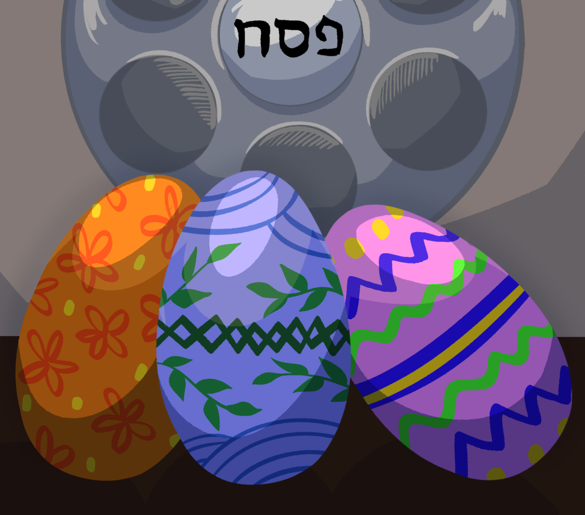 3 painted eggs displayed in front of a Seder plate.