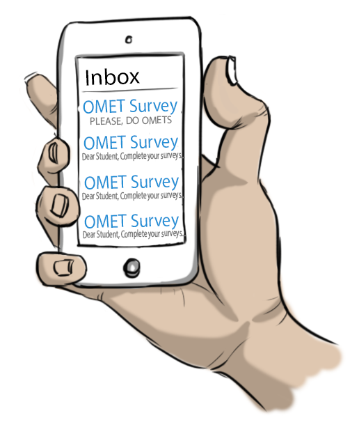 An illustration of a phone listing multiple reminders to fill out OMET surveys.
